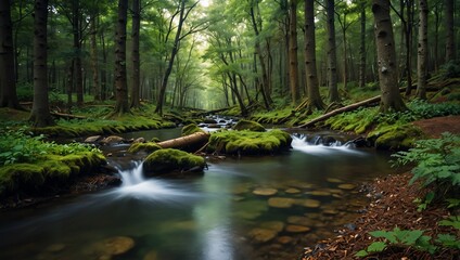 Obraz premium A winding stream flows through a lush, mossy forest, with tall trees on either side..