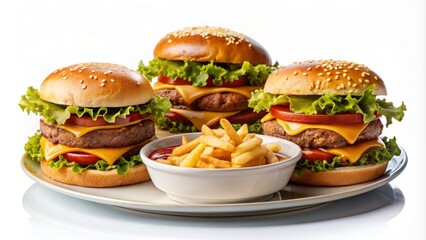 Three appetizing plates with crispy golden french fries, juicy cheeseburger, and savory sauce isolated on transparent background, showcasing a mouthwatering fast food arrangement.