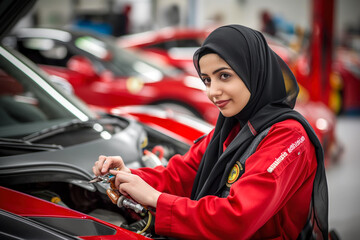 Emirati female mechanic repairing luxury car