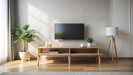 Fototapeta premium A minimalist wooden table supports a compact television with a plain design, surrounded by empty space, exuding a sense of simplicity and understated elegance.