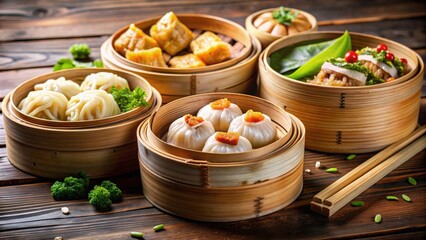 Delicious assortment of dim sum in bamboo steamer, traditional Chinese cuisine, yumcha, dim sum, bamboo steamer