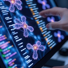 Futuristic Data Analysis on Touchscreen Interface with Hand Interacting with Digital Molecular Structures and Complex Data Visualizations
