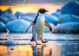 Fototapeta premium An adorable penguin strides purposefully through frozen waters, its tiny feet sending icy droplets flying in all directions with each endearing step.