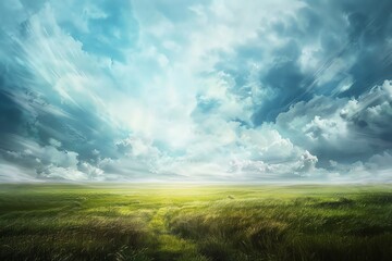 Obraz premium A serene landscape featuring lush greenery and dramatic clouds, showcasing nature's beauty and tranquility under a vibrant sky.