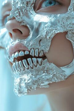 Futuristic portrayal of a woman with delicate silver teeth jewelry, giving her a skull-like appearance,