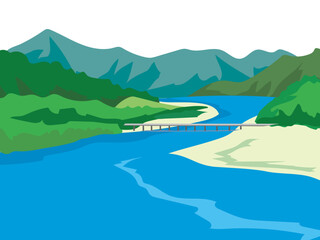 高知県の四万十川と沈下橋のある風景