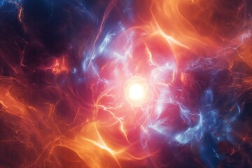 Obraz premium A mesmerizing cosmic explosion with vibrant blue, orange, and red colors creating an abstract nebula in space.