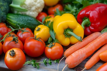 A collection of colorful vegetables featuring tomatoes, bell peppers, cucumbers, and carrots on a wooden surface.
