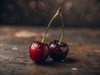 cherries on a gray background. Cherry close-up. cherry macro photography on a gray background.