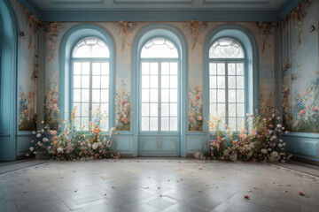 Fototapeta premium Elegant Palace Interior Featuring Luxurious Floral Decor and Exquisite Marble Flooring. Wedding Interior