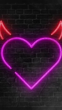 Demon or devil heart neon sign on brick wall background with smoke or fog effect.Bright banner used in adult sites, night club girls, sex shop, brothels, sex and porn concept.Horned heart silhouette
