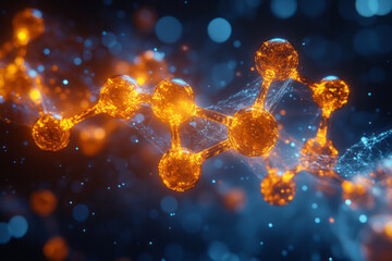 Futuristic illustration of chemical elements forming a dynamic, floating molecular structure,