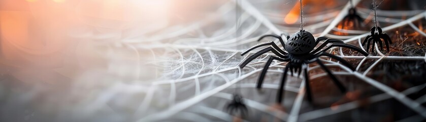 Intricate paper cut spiderweb with dangling spiders, Halloween background, creepy crawly decor