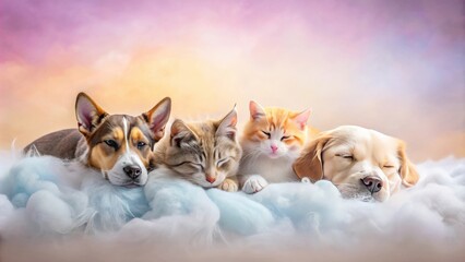 Dogs and cats sleeping peacefully in pastel colors against a solid background with fog effect, pets, animals, sleeping