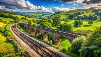Historic stone bridge surrounded by lush countryside landscape with railway tracks , historic, stone bridge, countryside, road