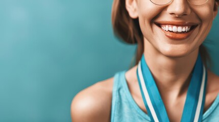 Smiling winner with a medal around their neck, clear background, achievement recognition