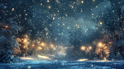 Obraz premium snow falling at night in a snowy dark forest with lights and stars