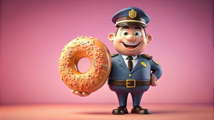 Officer Donut in police uniform holding a large donut, police officer, donut, uniform, cop, law enforcement, dessert, sweet