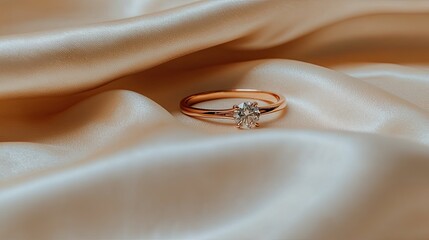 A rose gold engagement ring displays a brilliant center stone against a soft, textured cloth, showcasing its intricate design and timeless beauty