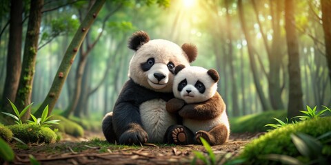Obraz premium of a cute panda and bear cuddling in a forest setting, panda, bear, wildlife, animal, forest, cuddle, friends,cute