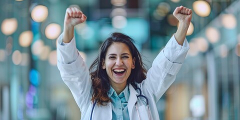 Woman in a lab coat celebrating a scientific breakthrough.