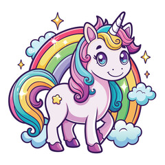 Cute magical unicorn and raibow. Print for t-shirt or sticker. Vector design isolated on white background. Romantic hand drawing illustration for children