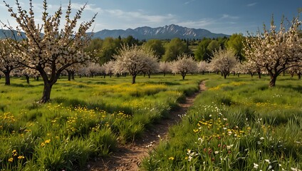 Obraz premium A dirt path winds through a field of blooming trees and wildflowers, with mountains in the background.