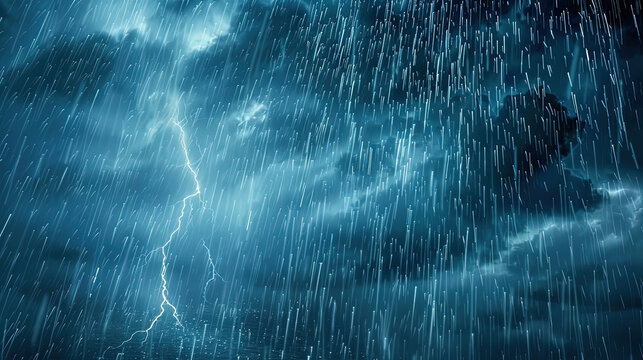 Rainstorm weather, strong storm accompanied by lightning and thunder, dark clouds in the sky, rain poured down
