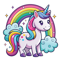 Fototapeta premium Cute magical unicorn and raibow. Print for t-shirt or sticker. Vector design isolated on white background. Romantic hand drawing illustration for children
