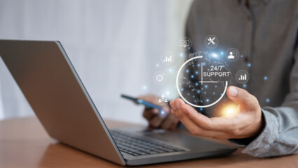 24/7 service, online store concept After-sales service in 24/7 online service with round the clock access to full-time global customer service.	