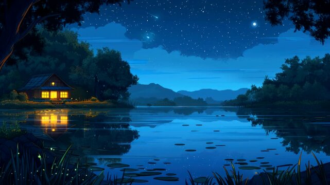 Night lake with cottage and starry sky reflection. Seamless looping time-lapse video background