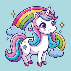 Naklejka premium Cute magical unicorn and raibow. Print for t-shirt or sticker. Vector design isolated on white background. Romantic hand drawing illustration for children
