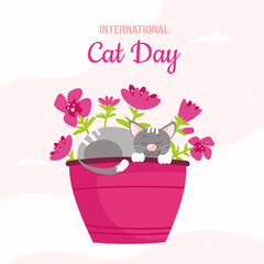Postcard with a cat in a flower pot for International cat day (August 8th). Grey cat in flower pot.