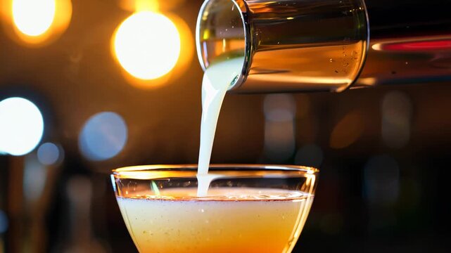 Pouring a cocktail into a glass, illuminated by warm light, with a blurred bar background.