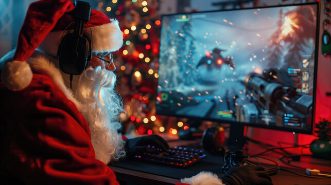 Santa Claus playing video games on a computer in a festive living room with a Christmas tree. Concepts of holiday fun, gaming, and seasonal entertainment.