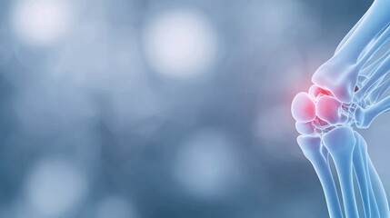 A vivid illustration showcases the human knee joint, highlighting bones, ligaments, and cartilage against a contrasting dark backdrop