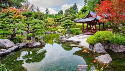 Fototapeta premium Serene Japanese Garden with Tranquil Koi Pond