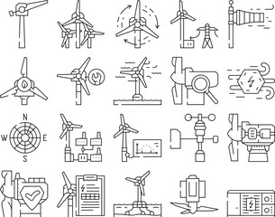wind energy power turbine icons set vector. farm renewable, sustainable industry, electric generator, green environment, mill wind energy power turbine black contour illustrations © sevector