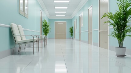A well-lit hospital corridor featuring blue walls, comfortable chairs, and plants, creating a welcoming atmosphere for patients and visitors