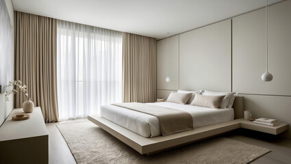 This minimalist bedroom features a neutral color scheme in soft beige and white with an oasis of calm,