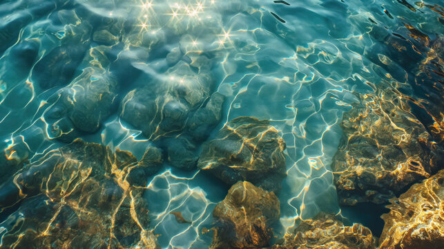 shimmering sun glares on shallow aqua sea water, top view, see rocks through