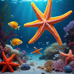 Starfish under water at 
the coral reef
with exotic fishes. Underwater world of the ocean.
Algae, corals and sea anemones on the seabed.