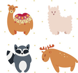 Naklejka premium Set of cute animals in hand draw flat style.Crocodile,flamingo,elephant isolated on white background. Vector illustration.Kids, childish graphic. Farm, wild, zoo, forest animals.Cartoon.