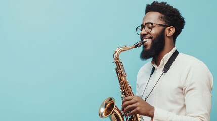 Joyful man playing a saxophone with a bright smile on a blue background, highlighting his musical skills and happy demeanor.