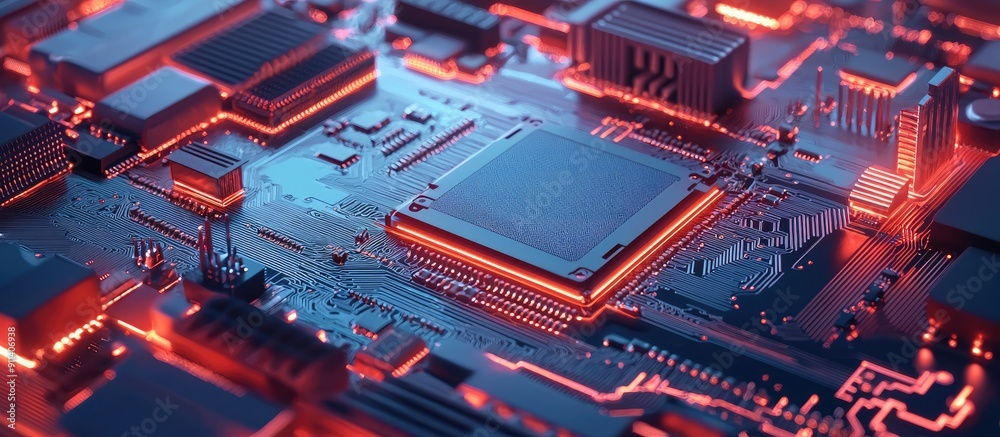 Poster 3d rendering of a central processing unit on a circuit board showcasing advanced computer technology