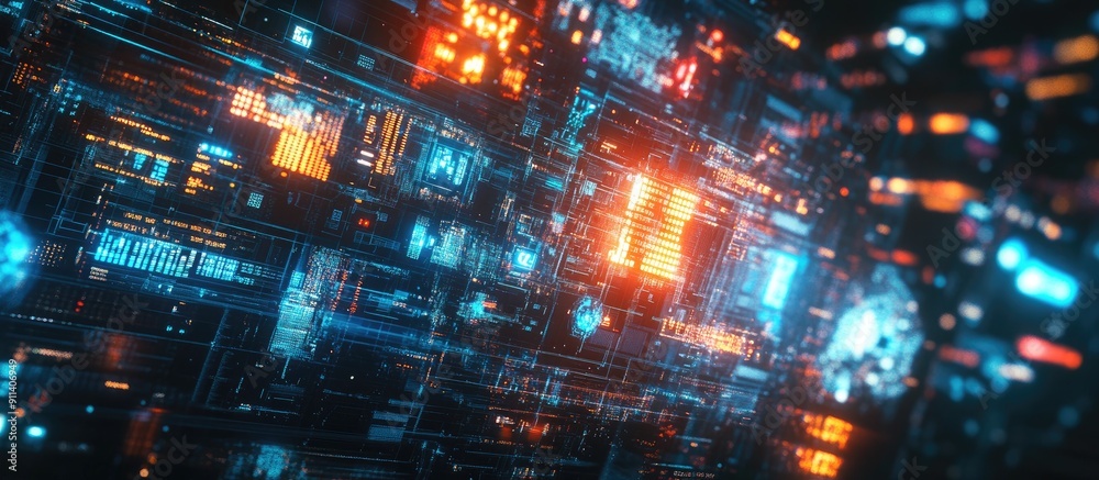 Poster 3D rendering of AI technology text featuring dynamic screen effects and visual distortions showcasing various types of interference