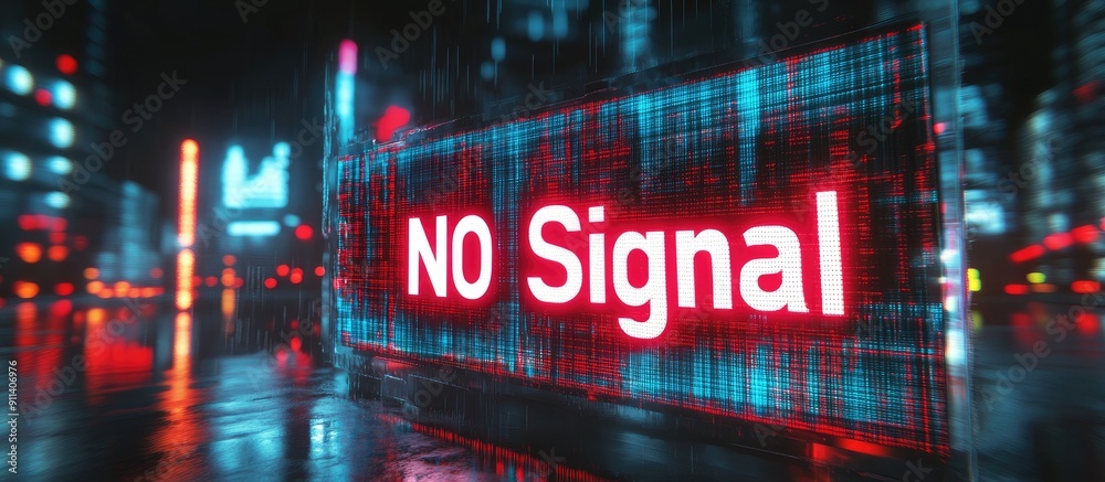 Poster 3d rendering of no signal text with technological glitches and screen distortion effects