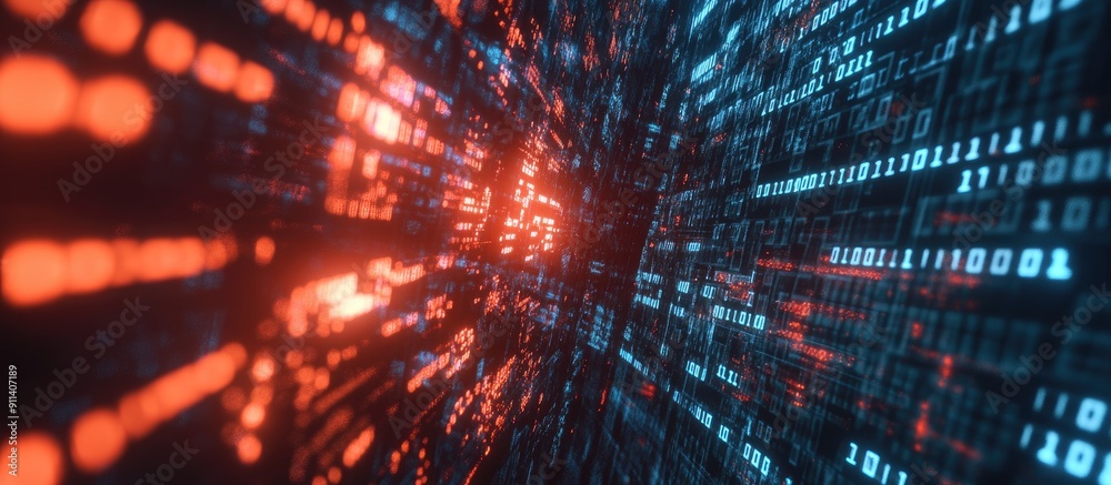 Aufkleber abstract 3d rendering of digital technology with binary code and cybersecurity elements