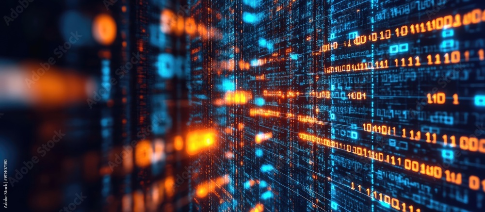 Aufkleber abstract 3d rendering of digital technology with binary code and cybersecurity elements