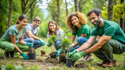 A group of people are planting trees